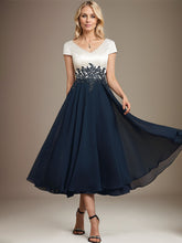 A-line V-Neck Tea-Length Satin Chiffon Mother of the Bride Dress With Appliques Lace